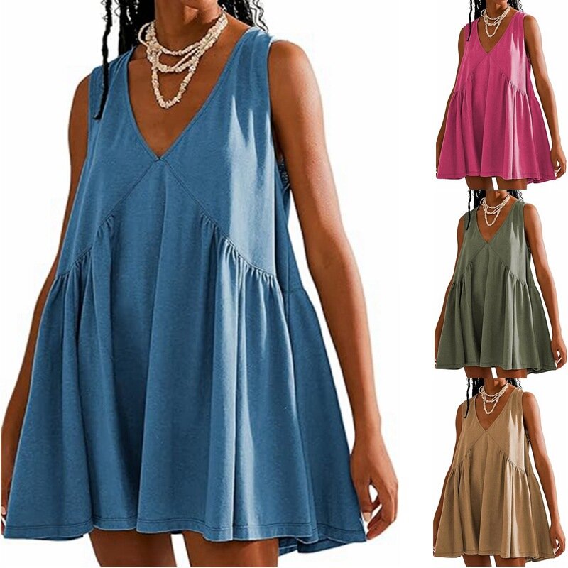 Женское летнее мини-платье без рукавов, повседневный свободный сарафан с V-образным вырезом (с карманами)