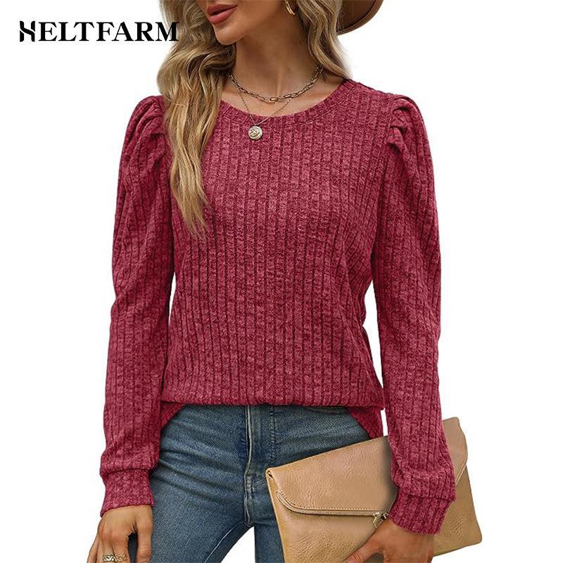 New Women's Long Sleeve T-Shirt Round Neck Puff Sleeve Brushed Pit Stripe Solid Color Women's Loose Fashion Top