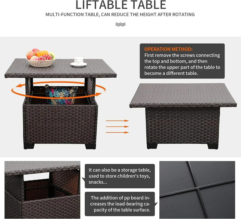 Set di mobili componibili da 7 pezzi divano da conversazione in vimini PE con tavolo quadrato in acciaio a Gas e antiscivolo 5 "di spessore