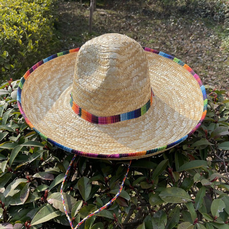 หมวกฟางเม็กซิกันสำหรับผู้ใหญ่หมวกฟางปอมปอมปอมปอมสีขาวสำหรับงานปาร์ตี้ฮาโลวีน