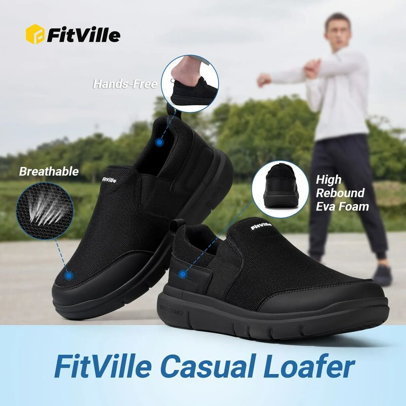 Fitville sepatu pantofel pria, Slip-On lebar kasual ringan bernapas untuk kaki bengkak Fasciitis menghilangkan nyeri kaki