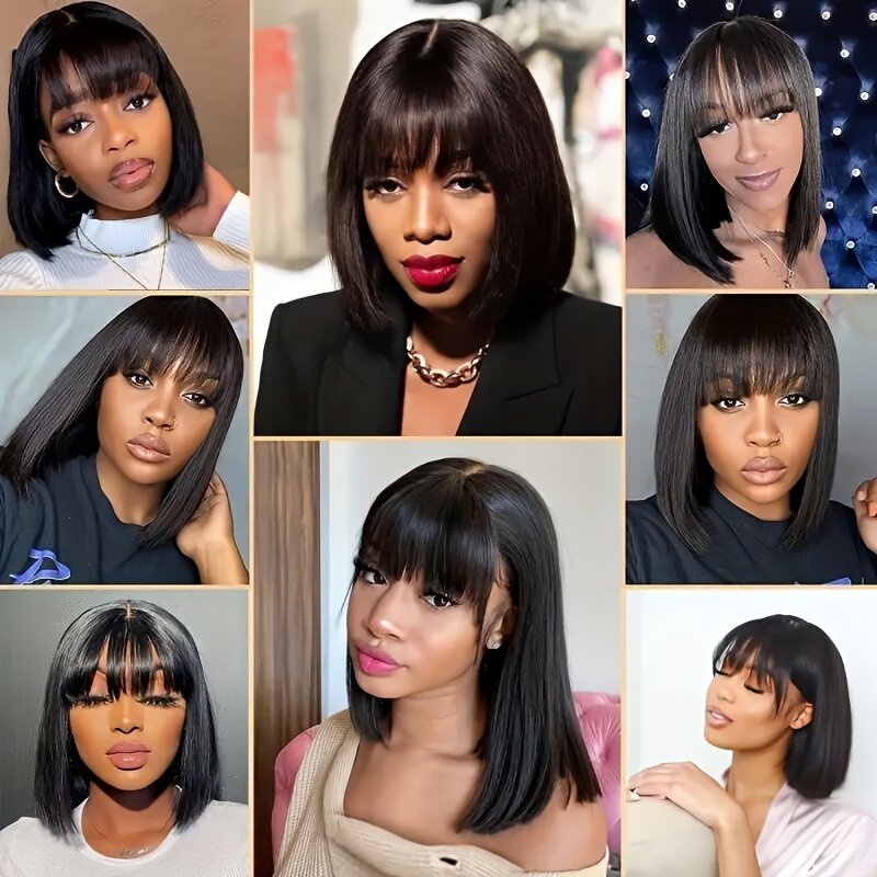 Short Bob Straight Human Hair Wigs With Bangs 180 % Density Brazilian Remy Human Hair Wigs for Women 3X1 Lace Wigs With Bangs