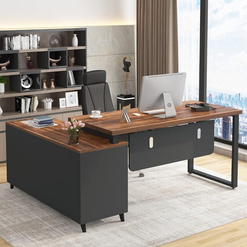 Meja berbentuk L tribeigns dengan 2 laci, Meja Kantor Eksekutif 55 inci dengan rak penyimpanan kabinet, furnitur bisnis berbentuk L