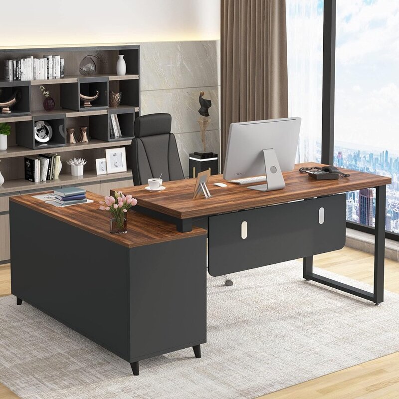 Tribesigns L Shaped Desk with 2 Drawers, 55 Inch Executive Office Desk with Cabinet Storage Shelves, Business Furniture L Shaped