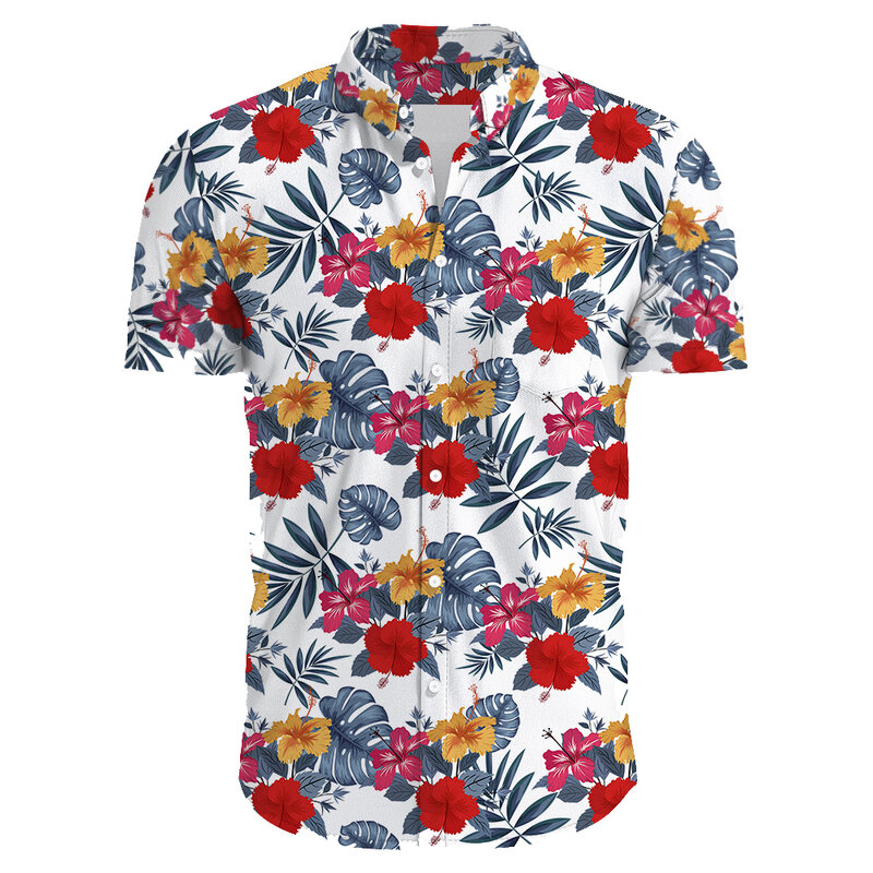 Men Street Fashion Summer Daily Shirt Hawaiian Cover Flowers Print Casual Loose Shirts Short Sleeve Beach Loose Tops Clothing