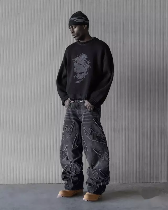 Джинсы с вышивкой Raw Edge Y2k, винтажные черные мешковатые джинсы в стиле ретро для мужчин, джинсы в стиле хип-хоп с высокой талией в технике пэчворк