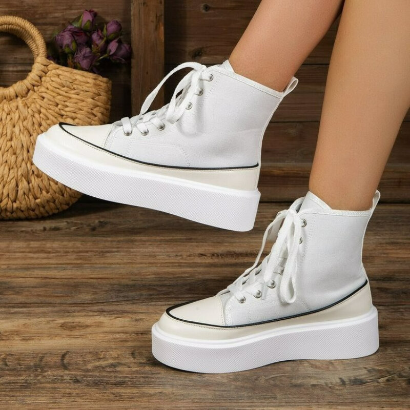 Women Sneakers Lace Up Platform Versatile High Top Comfortable Breathable Vulcanized Shoes Casual Sports Solid Shoe Female 36-43