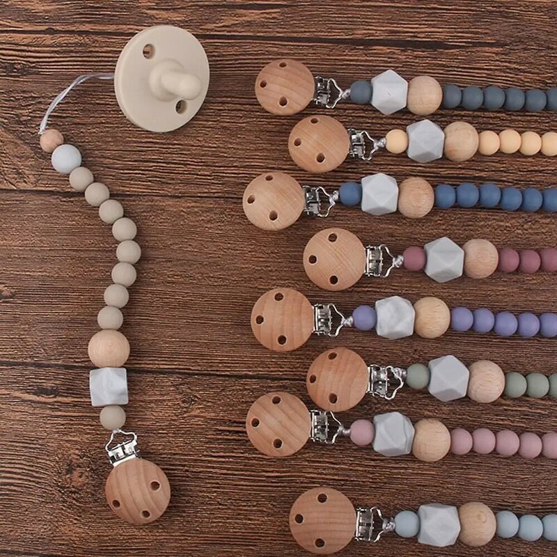 Geometric Pacifier Clips Chain Cute Silicone Beads Adjustable Wood Dummy Clips Children