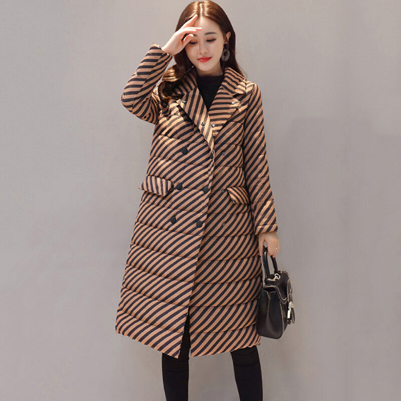 Pop Women Down Coat Autumn Winter Nice Elegant Fashion Suit Collar Double Breasted Striped Slim Long White Duck Down Coat