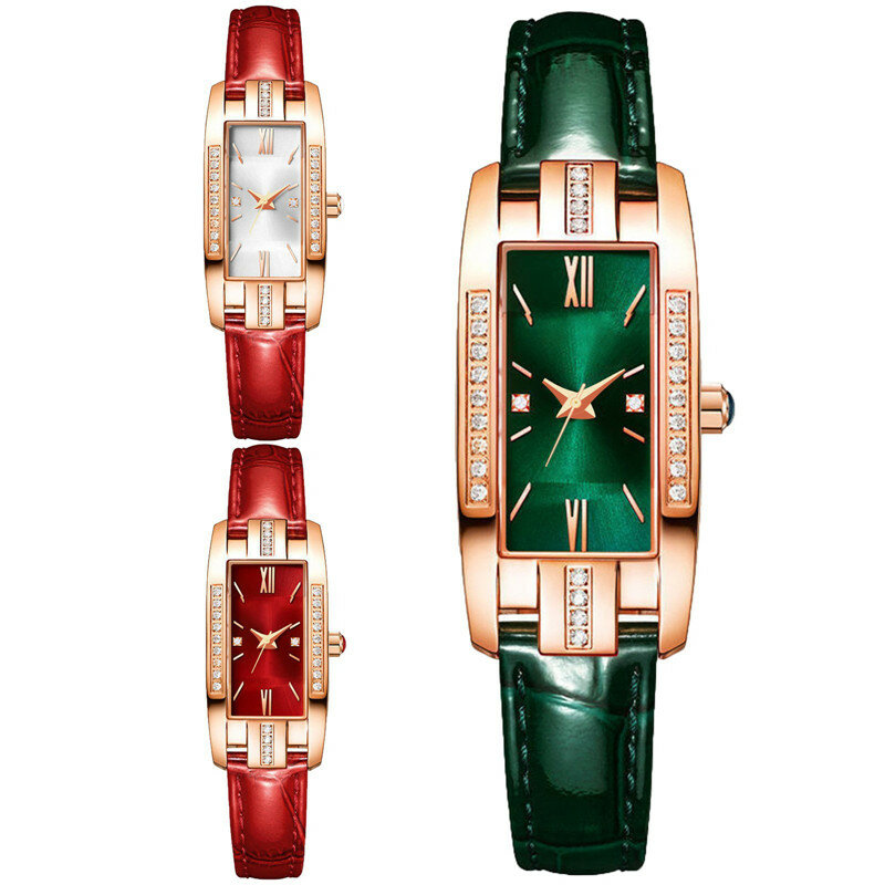 Luxury Fashion Watches New Women Vintage Rhinestones Leather Strap Roman Square Dial Quartz  Wrist Watch
