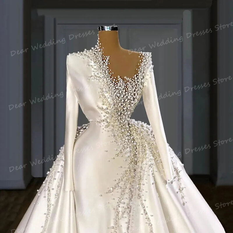 Exquisite 2024 moderne Brautkleider sexy Perlen Meerjungfrau abnehmbare Zug Frauen für Braut Ballkleider Satin formelle Vestidos