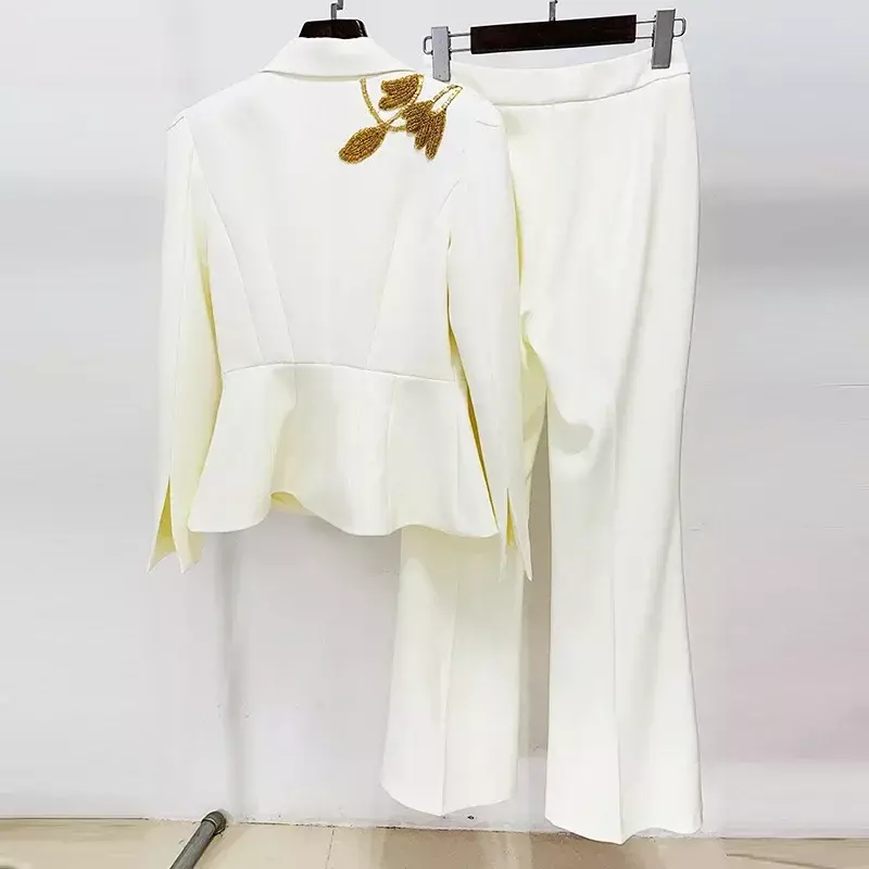 Zestaw białych eleganckich garniturów damskich 2 sztuki blezer + spodnie damski, wiosenny biurowej pani odzież robocza smokingi ślubne sukienka na studniówkę