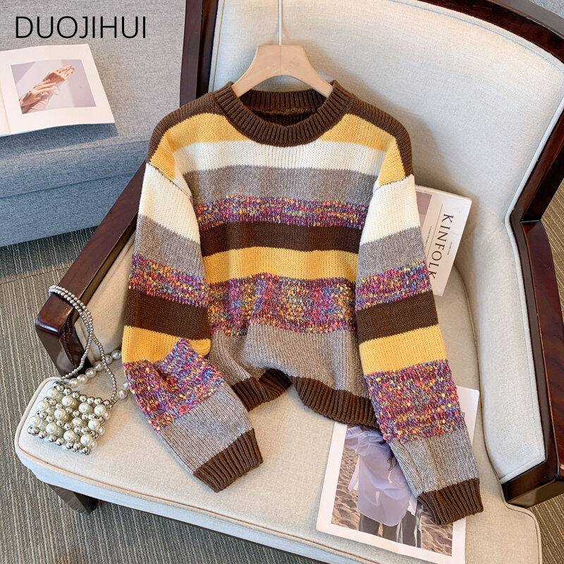 DUOJIHUI nowy modny kontrastowy kolor w paski damskie swetry jesień klasyczny dekolt z okrągłym dekoltem prosty z dzianiny w stylu Casual sweter damski sweter