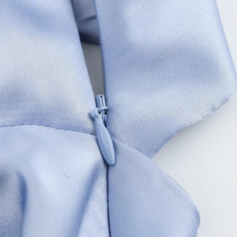 เดรสผ้าซาตินสีฟ้าสำหรับผู้หญิงชุดเดรสยาวเปลือยหลังแขนกุดวินเทจชุดเดรสราตรีกระโปรงหนังแฟชั่นคอปก
