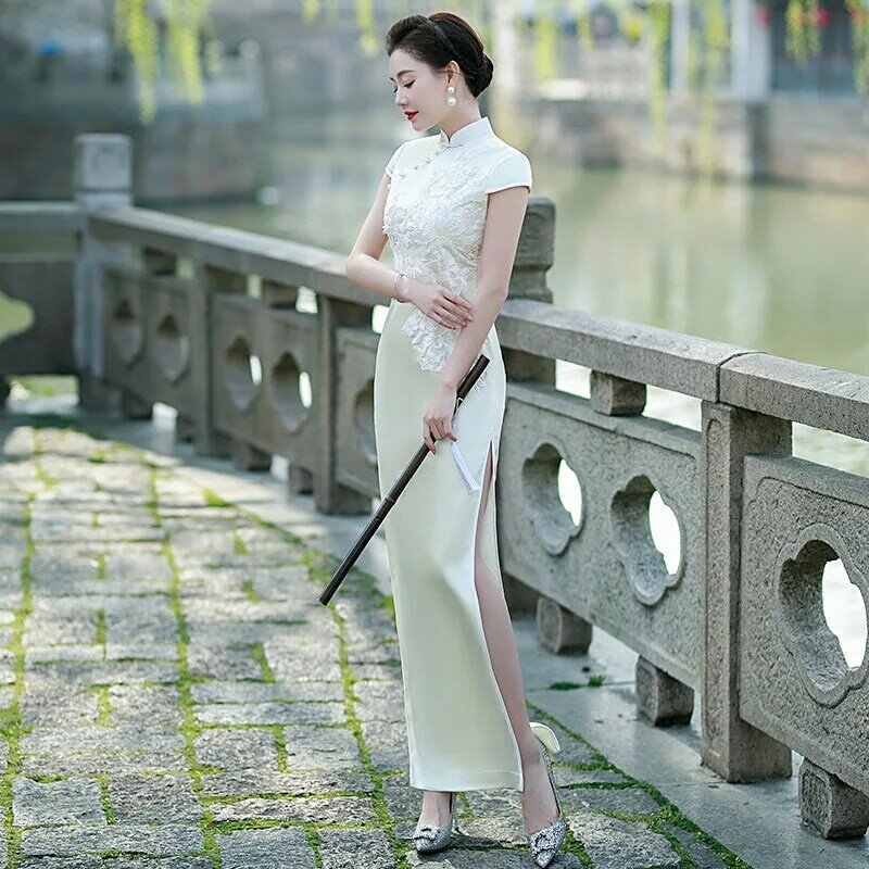 Mandarin襟刺繍ロングドレス、中国のチャイナドレス、エレガントなイブニングパーティードレス、セクシーなスプリット、qiPaoドレス、プラスサイズ、5xl