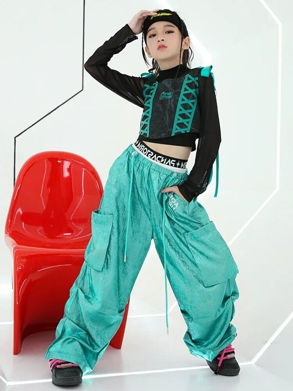 Kids Jazz Dance Costume Girls Hip Hop Performance Clothes Long Sleeves Crop Tops Green Pants Street Dance Outfit Fashion BL11874
