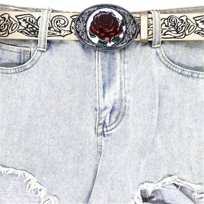 PU Leather Belt Embossed Pattern Belt Rose Buckle Waist Belt Adult Waiststrap