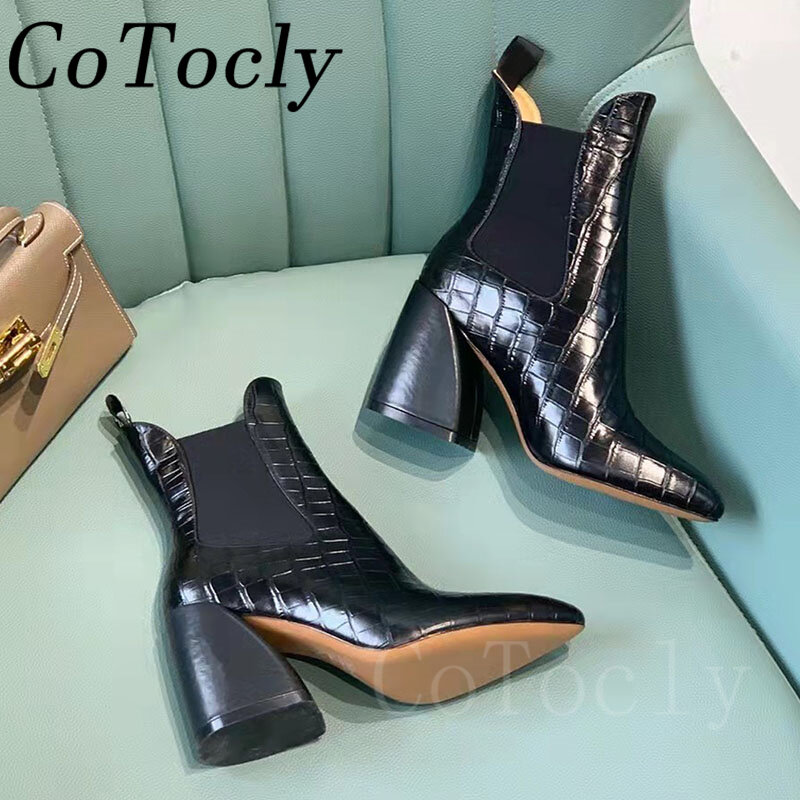 New Square Heel Ankle Boots Women Genuine Leather Pointed Toe Booties Female Brand Shoes Chunky Heel Short Boots Woman
