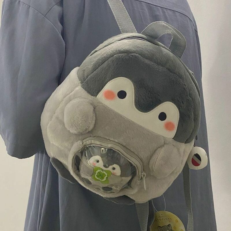 Transparent Plush Penguin Backpack with Pendant Large Capacity Children Schoolbag JK Lolita Coin Purse Cartoon Doll Bag