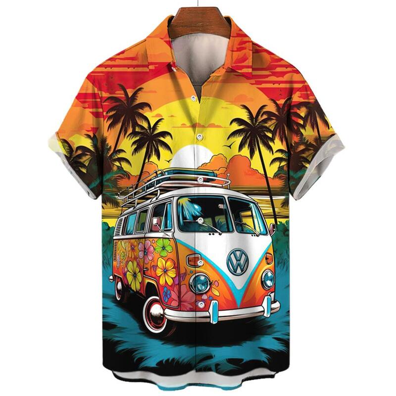 Camisa de praia de coco havaiana masculina, Tops estampados em 3D, manga curta, botão de lapela, moda natalícia, verão