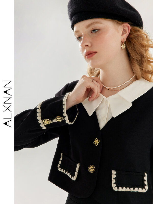 Alxnan เสื้อแจ็กเก็ตผ้าทวีตสีดำลายสก็อตสุดหรูชุดกระโปรงมิดิทรงเอไลน์สำหรับสาวออฟฟิศชุดสองชิ้น TM00608