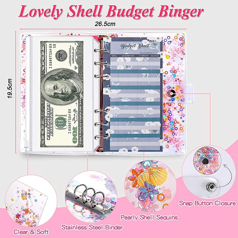 A6 PU Leather Budget Binder Money Saving Organizer with12 Pcs Cash Zipper Envelops, Expense Budget Sheets and Label Stickers