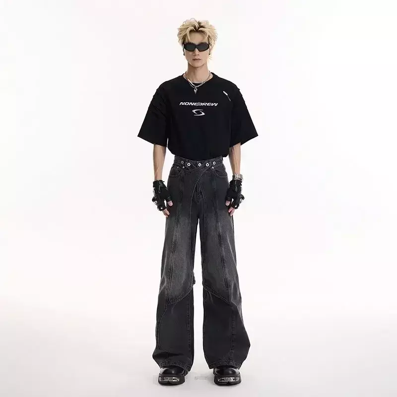 Retro niche washed denim micro flared jeans with men's and women's patchwork design, loose and personalized trend wide leg pants