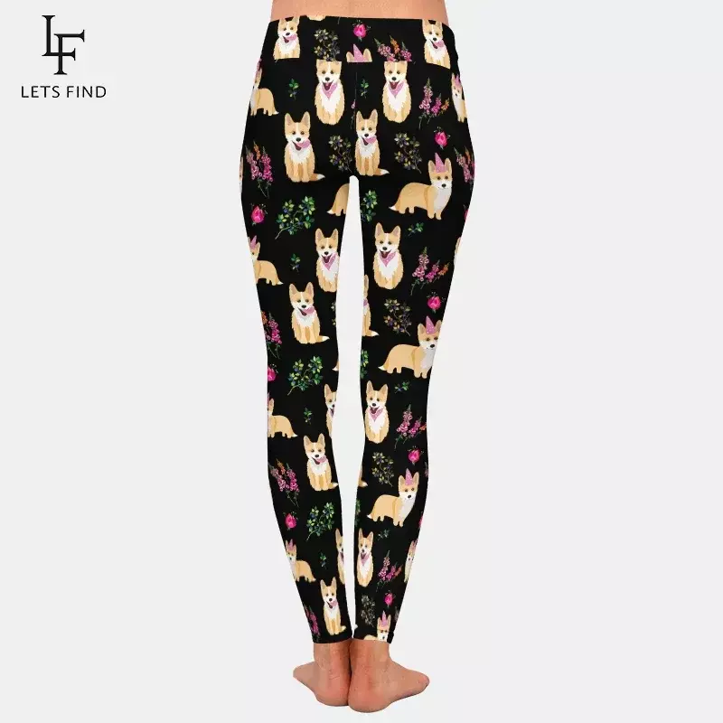 LETSFIND-mallas ajustadas de cintura alta para mujer, Leggings con estampado de Corgi y flores de dibujos animados, a la moda