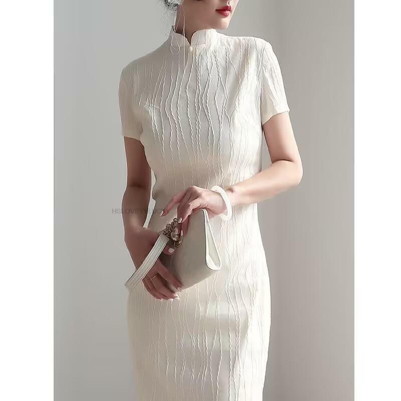 Gaun Qipao Cina Vestidos elegan Vintage Cheongsam putih wanita anggun Cheongsam gaun lengan pendek gaun Qipao wanita Modern