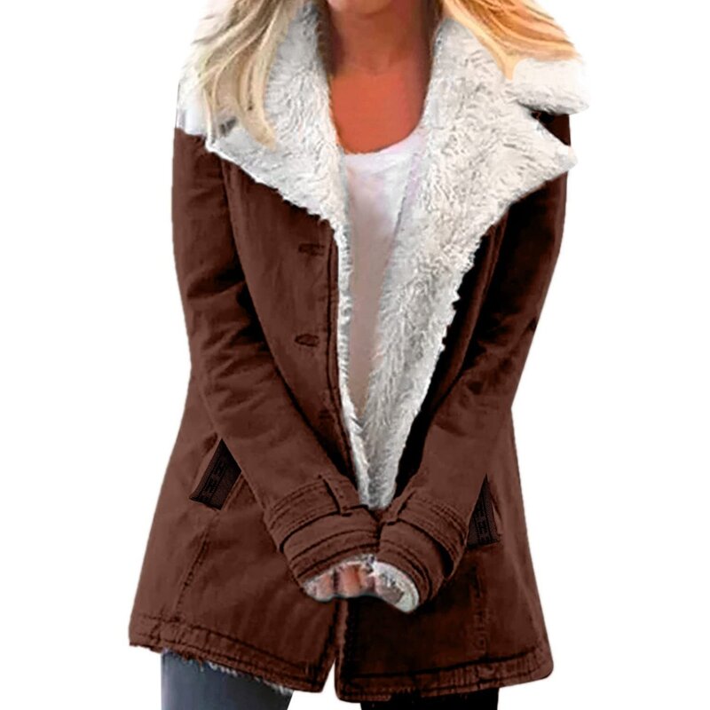 Jaqueta de lapelas de botão composto feminino, trincheira de inverno, casacos quentes, plus size, outwear marrom, XXL