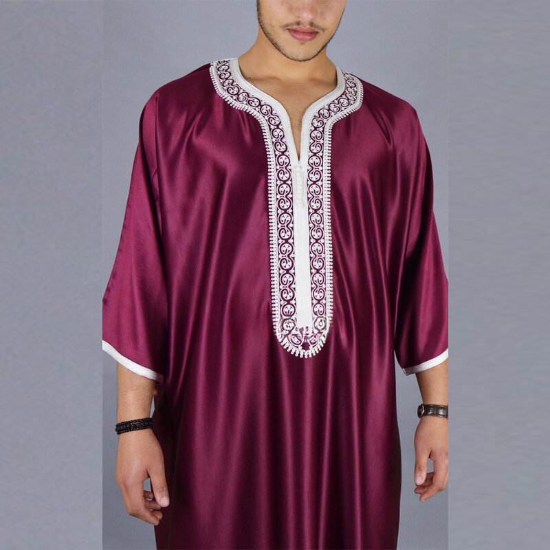 Muslim Men Robe Embroidered Loose Luxury Long Skirt Ramadan Prayer Kaftan Pakistan Attire Thobe Gentleman Traditional Dress