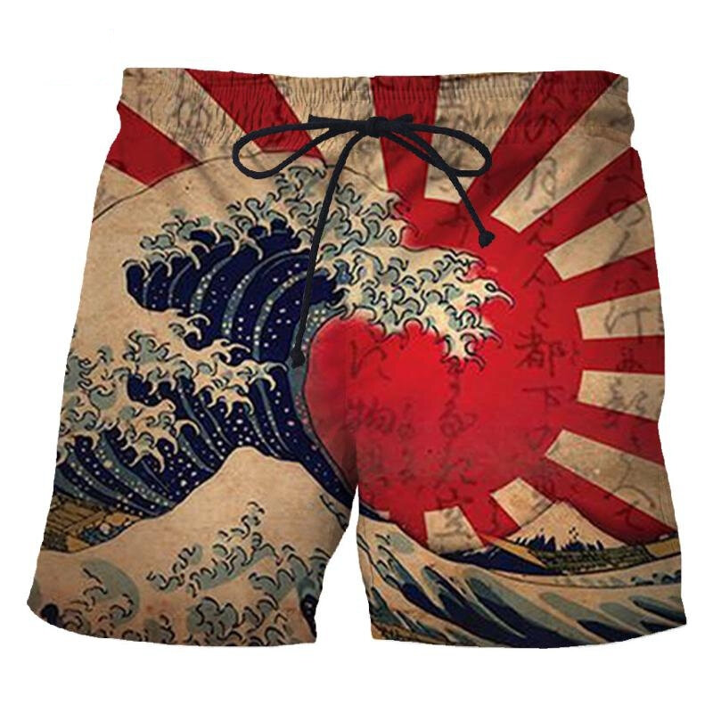 남성용 일본 스타일 해변 반바지, 빠른 건조, 3D 인쇄 바다 파도 수영 트렁크, 야외 스포츠 짧은 바지 의류