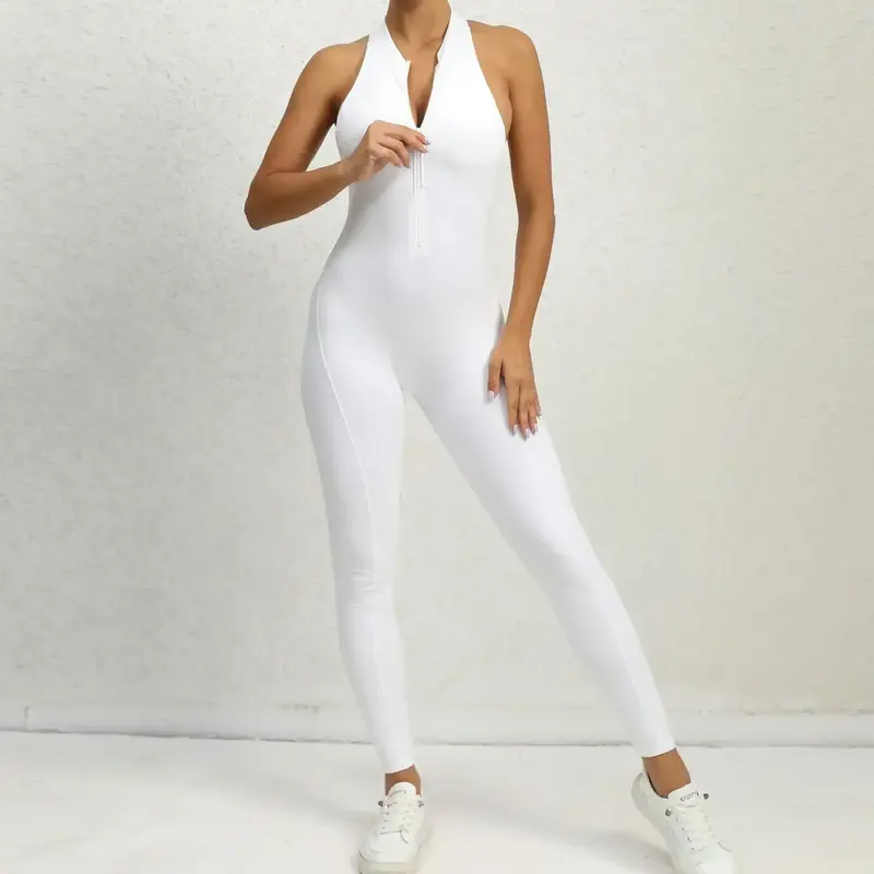 Sexy Hollow Backless Scrunch Sporty Jumpsuit Raises Butt Woman Gym Set One Piece Sport Suit Sleeveless Zip Yoga Fitness Overalls