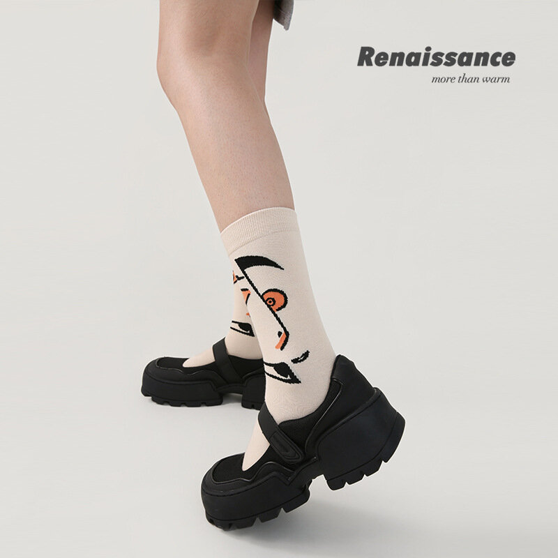 Retro Geometric Cartoon Flowers Printed Girls' Socks Autumn New 3pcs/lot Children's Patchwork Cotton Mid-Thigh Socks