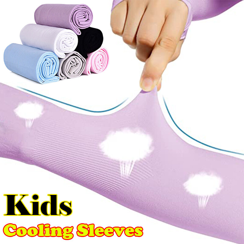 4-12 Years  Kids Arm Sleeves Summer Cooling Ice Sports Sun UV Protection Long Arm Cover Girls Boys Elastic Cycling Beach Sleeve