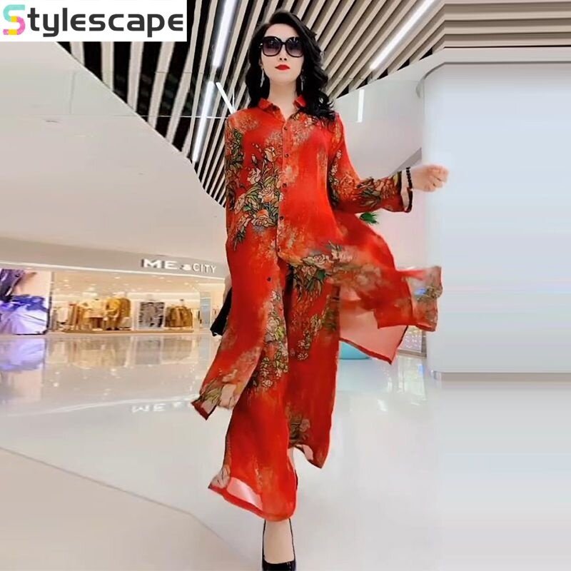 Large Size Silk Wide Leg Pants Set for Women's 2024 Spring and Summer New Stylish and Slimming Two Piece Set for Woman