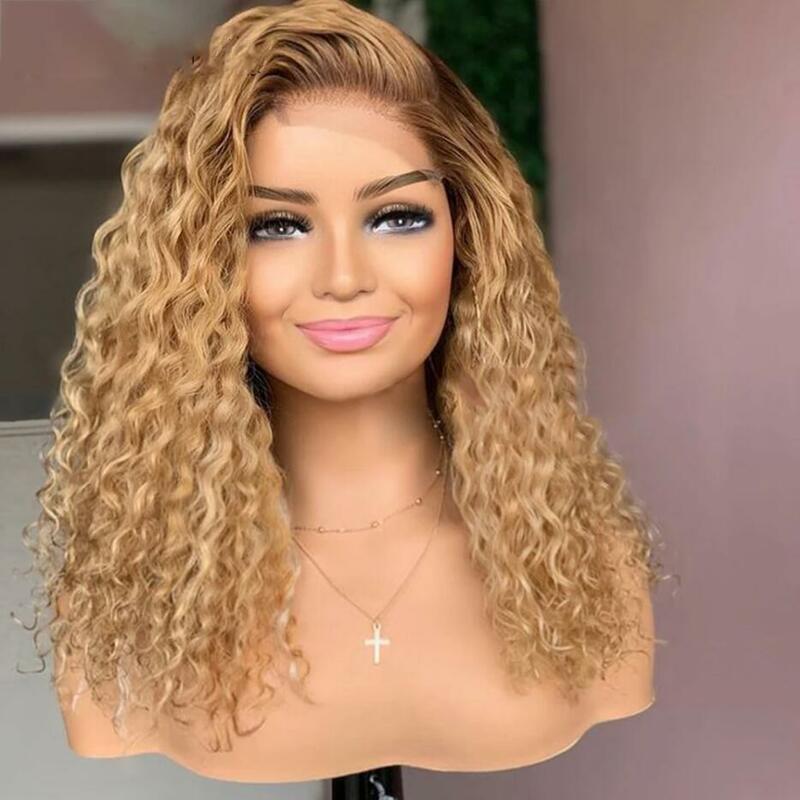 Long Kinky Curly Lace Front Wig para mulheres, macio, sem cola, 180 Densidade, Ombre, loira, cabelo do bebê, pré-arrancado, resistente ao calor, diariamente, 180