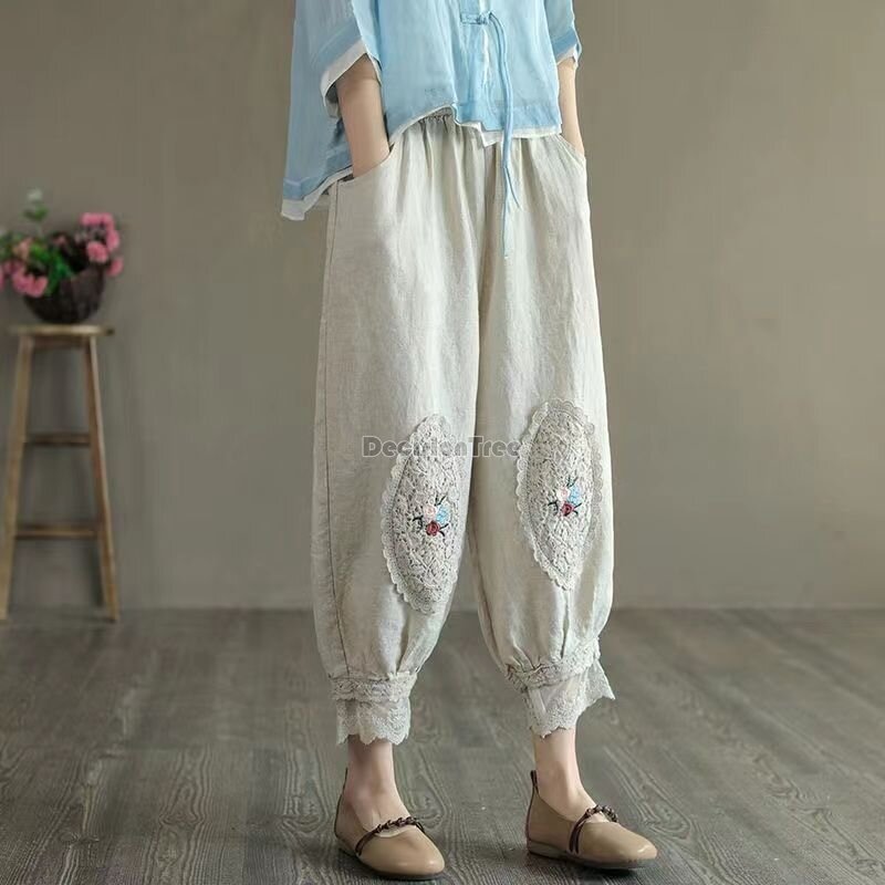 2024 chinese style temperament lantern pants unique embroidered lace hollow out design trousers loose daily cotton linen pants