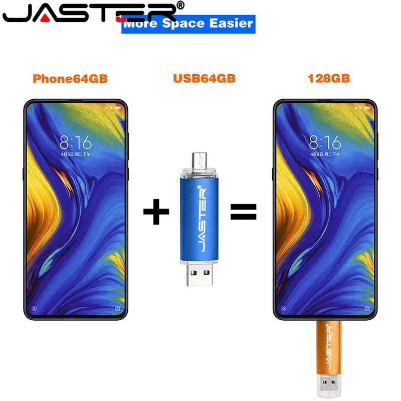 JASTER Pendrive USB 2.0 Logam Flash Drive Hitam 3ni1 OTG Gratis TYPE-C Adaptor Logo Kustom Stik Memori 64GB Hadiah Bisnis U Disk