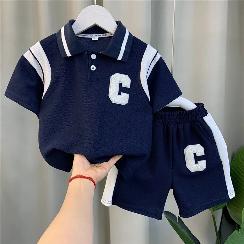 Conjunto de ropa para niños, camiseta Polo y pantalones cortos para bebés, conjunto de dos piezas de manga corta, verano, 2023