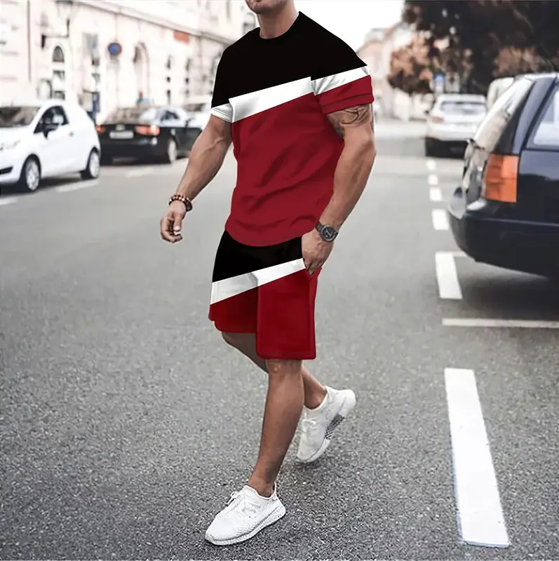 3D Three-dimensional Pattern Printing Two-piece Men's Fashion T-shirt Suit Summer Short-sleeved + Shorts Men's Casual Sportswear
