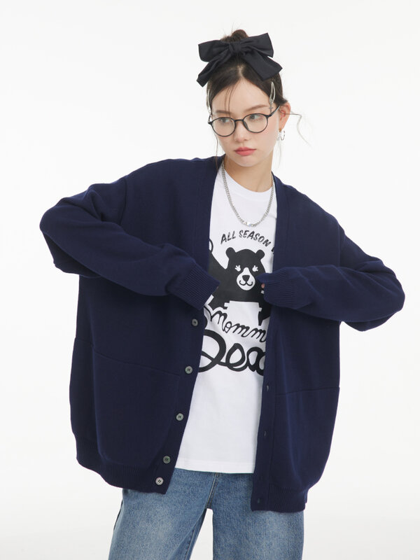Outer Wear Tiger Head Knitted Cardigan Couple Idle Style V-neck Loose Sweater Coat Female Early Spring Autumn and Winter