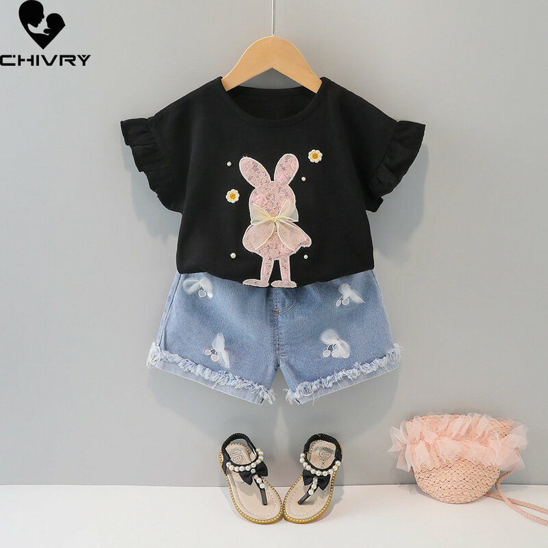 Girls Summer Clothing Suit New Baby Girl Sweet Rabbit Bowknot Short Sleeve Ruffles T-shirt Tops with Denim Shorts Clothes Sets