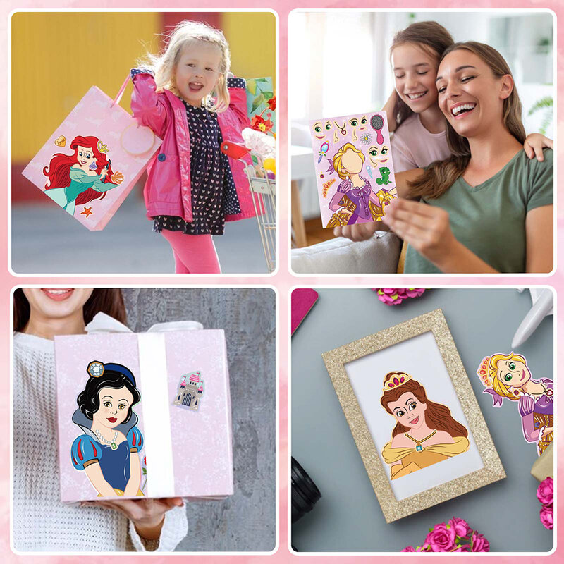 8/16 arkuszy Disney Princess Puzzle naklejki makijaż twarzy dzieci DIY montaż układanki edukacyjne zabawki prezenty dla gości na imprezę dla dzieci dziewcząt
