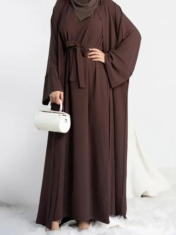 Abaya-Robe en fibre hijab pour femmes, ensemble musulman assressenti, couleur unie, ouvert, vêtements islamiques africains, dubaï, turquie, 2 pièces