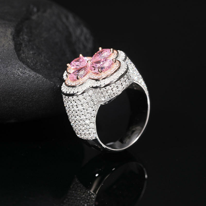 Moissanite S925 Sterling Silver Flower Finger Ring pour hommes et femmes, Hip Hop Bling, Iced Out Luxurious Club Rings, Rared Jewelry
