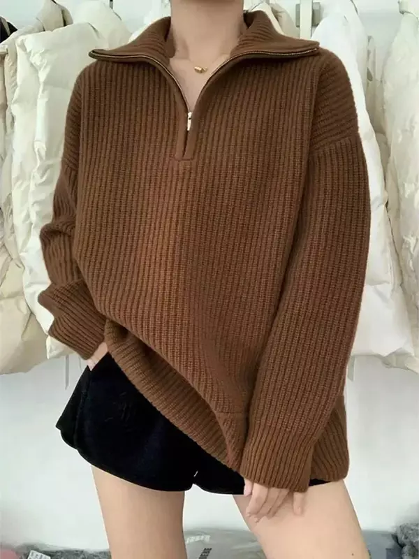 Suéteres de punto de cuello alto con cremallera para mujer, jerséis de manga larga informales de gran tamaño, gris y negro sólido, Invierno