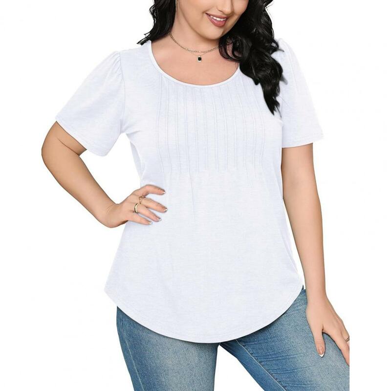 Casual Blouse Stylish Women's Summer T-shirt Collection Casual O-neck Pleated Tee Solid Color Loose Fit Pullover Scooped for A
