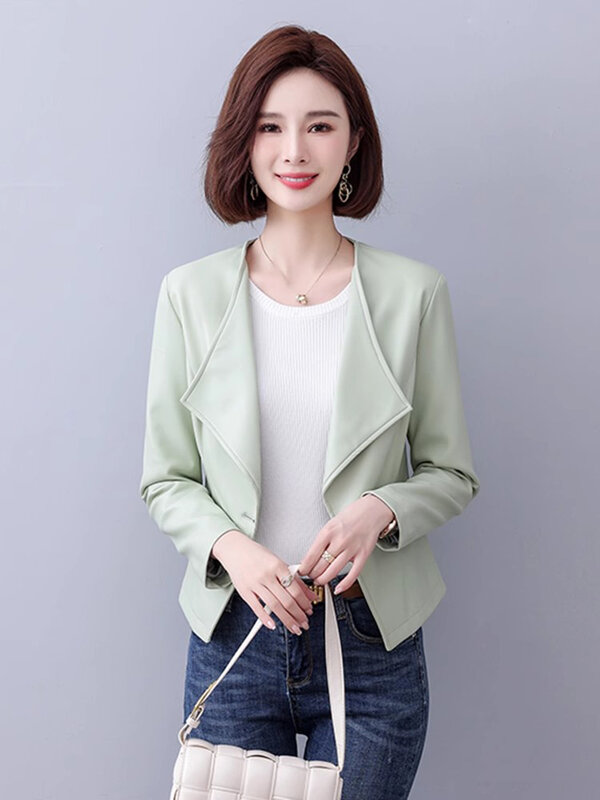 New Women Single Button Leather Jacket Spring Autumn Fashion Deep V-Neck Long Sleeve Slim Blazer Split Leather Short Jacket