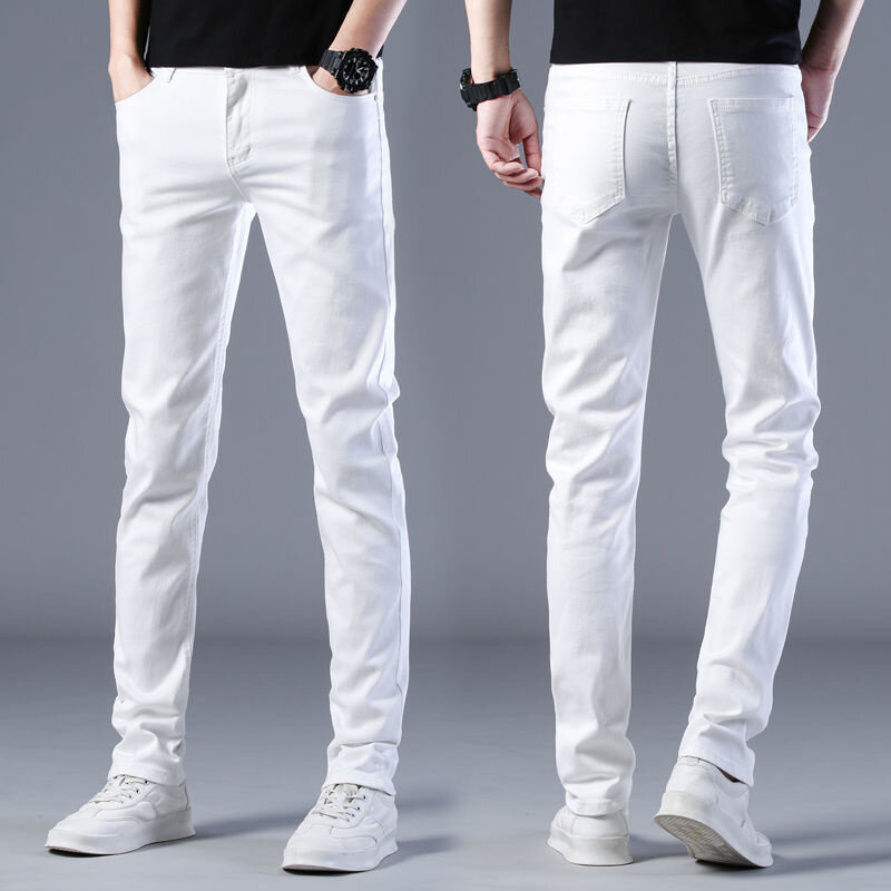 Calças compridas jeans slim fit elásticas masculinas, calça jeans de perna reta branca, casual streetwear, marca de moda Y2K